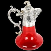 A good quality 19th century silver plate mounted ruby glass Claret jug, with grapevine knop, 25cm No