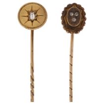 2 Victorian gold and diamond stickpins, largest overall 16.2mm, 3g total (2) No damage or repair