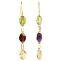 A pair of 14ct gold gem set drop earrings, rub-over set with oval mixed-cut gemstones, including