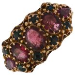 A 19th century 15ct gold garnet and green paste half hoop ring, Birmingham 1871, with scrollwork