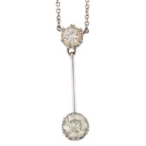 An 18ct white gold two stone diamond drop pendant necklace, claw set with modern round brilliant-cut