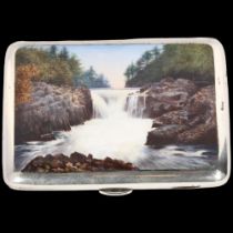 A fine Victorian novelty silver and enamel 'Skelwith Force - Lake District' waterfall landscape