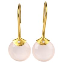AMRAPALI - a pair of 18ct gold pink moonstone and diamond earrings, with shepherd hook fittings,
