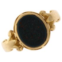 A 19th century 18ct gold bloodstone seal signet ring, oval panel intaglio carved with monogram RFE?,