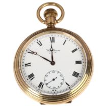 WALTHAM - an American gold plated open-face keyless pocket watch, white enamel dial with painted