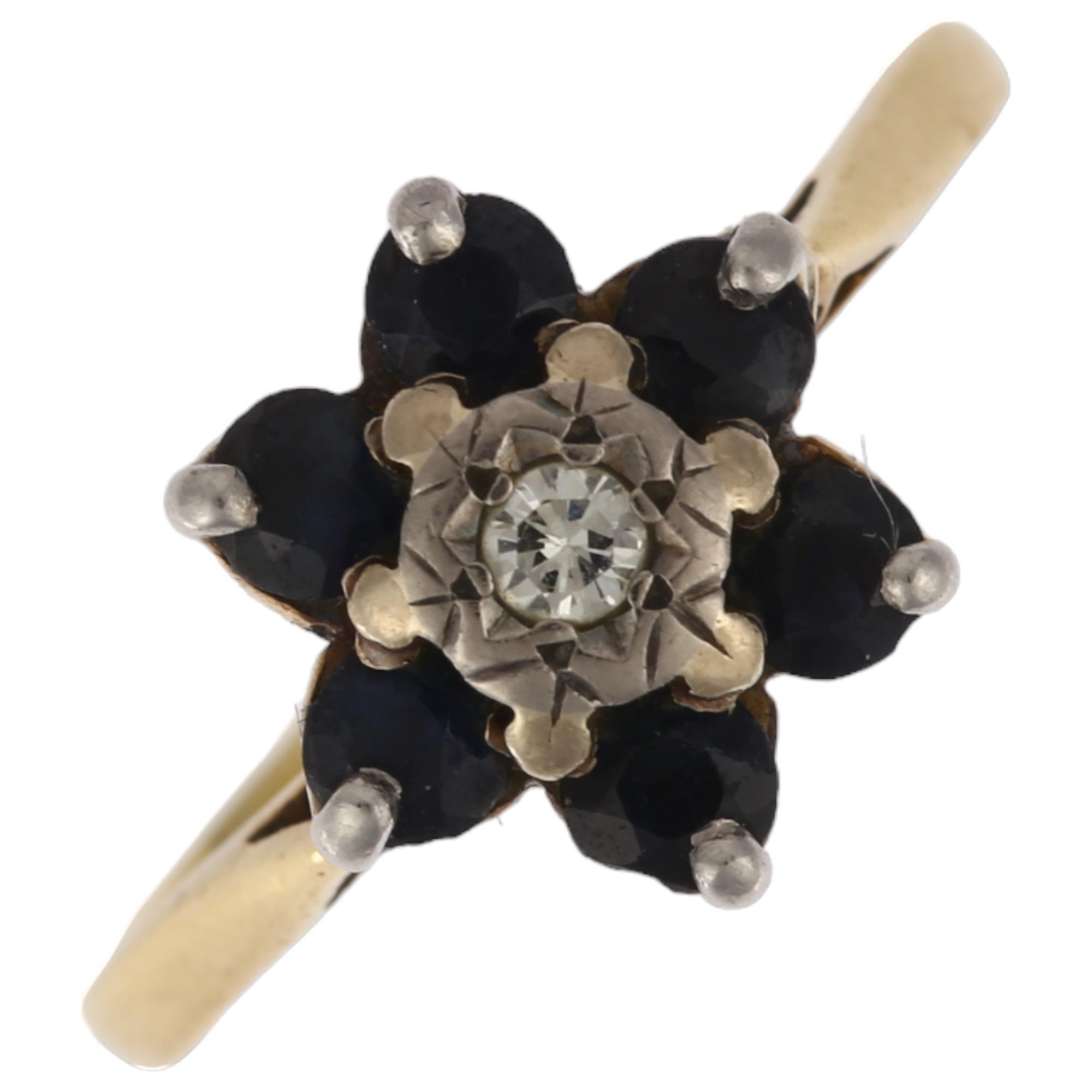 A mid-20th century 18ct gold sapphire and diamond cluster flowerhead ring, London 1967, setting