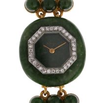 DELANEAU - a lady's 18ct gold jade and diamond mechanical cocktail bracelet watch, circa 1970s,
