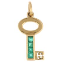 THEO FENNELL - a miniature 18ct emerald key pendant/charm, maker TF, London 2000, channel set with
