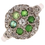 A late 20th century 18ct gold green stone, demantoid garnet and diamond circular cluster ring, maker