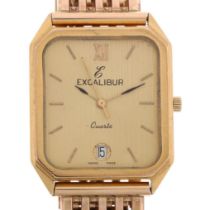 EXCALIBUR - a 9ct gold quartz calendar bracelet watch, striped champagne dial with sweep centre