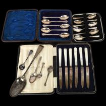 Various silver cutlery, including cased set of 6 mother-of-pearl handled fruit knives, a set of 6