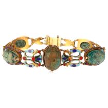 A Victorian Egyptian Archaeological Revival scarab beetle bracelet, circa 1880, set with graduated
