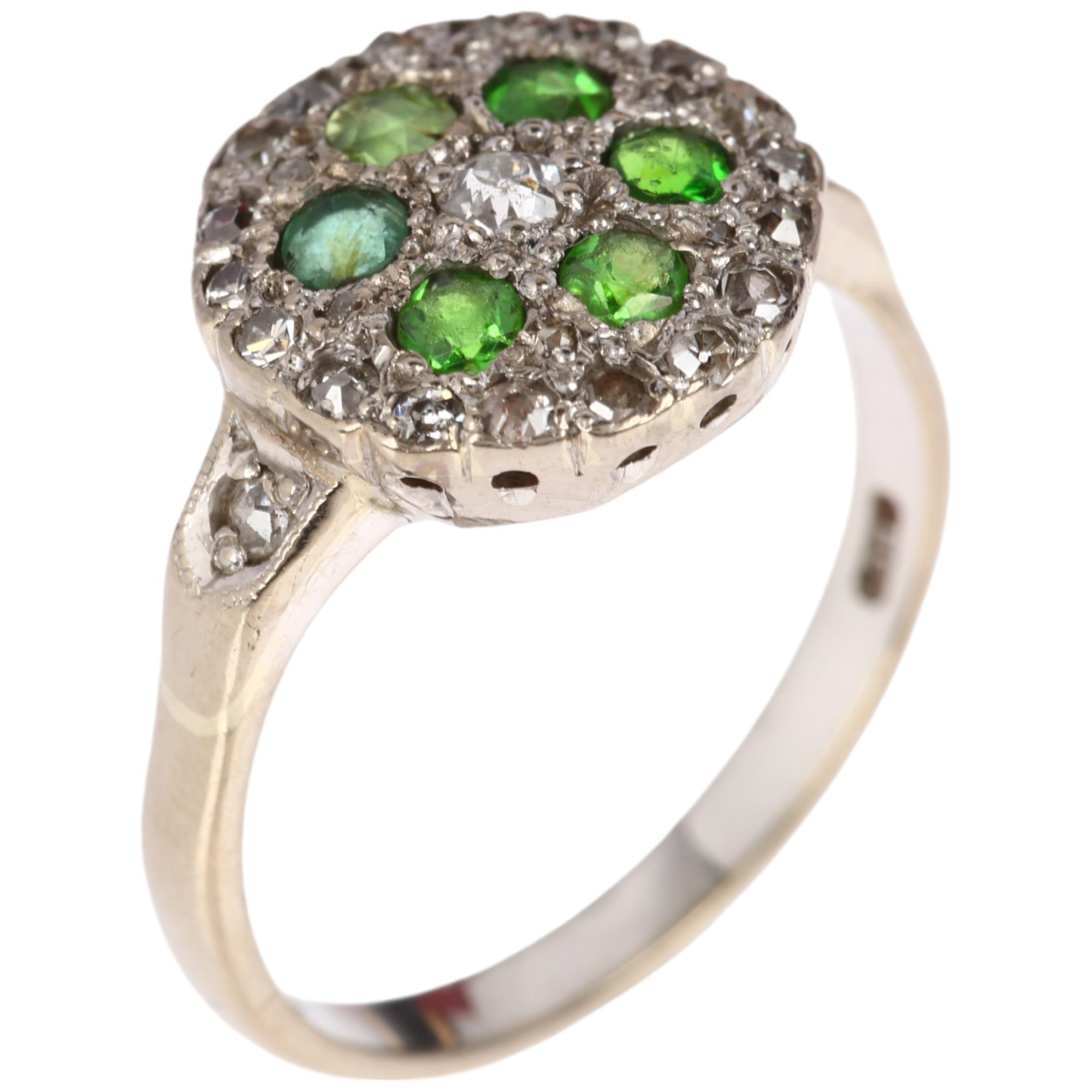 A late 20th century 18ct gold green stone, demantoid garnet and diamond circular cluster ring, maker - Image 2 of 4