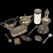 Various silver, including cruet set, dressing table powder jar, Vesta case etc, 10.3oz weighable Lot