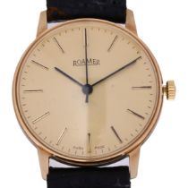 ROAMER - a 9ct gold mechanical wristwatch, circa 1982, champagne dial with applied gilt baton hour