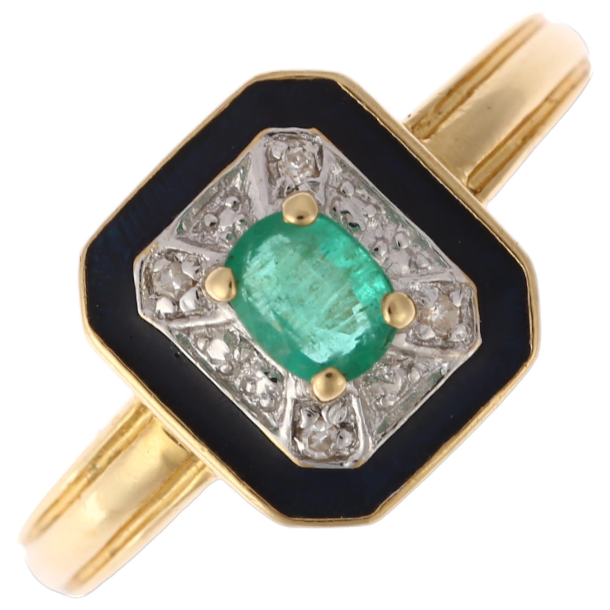 A late 20th century 18ct gold emerald diamond and blue enamel cluster panel ring, maker PJ, import