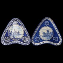 2 similar Delft blue and white pottery kite-shaped dishes, 24cm across Windmill dish has several