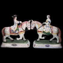 Pair of Delft polychrome horses and riders, base length 24cm, height 26cm Good condition