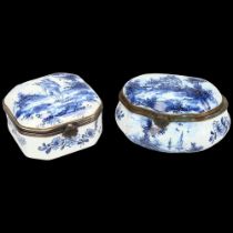 2 miniature Delft blue and white pottery boxes, hinged metal rims, oval box 7cm across, square box