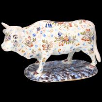 Delft faience polychrome pottery bull, length 20cm Good condition