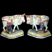 Pair of Delft polychrome cows with farmer milking, length 20cm, height 16cm Good condition