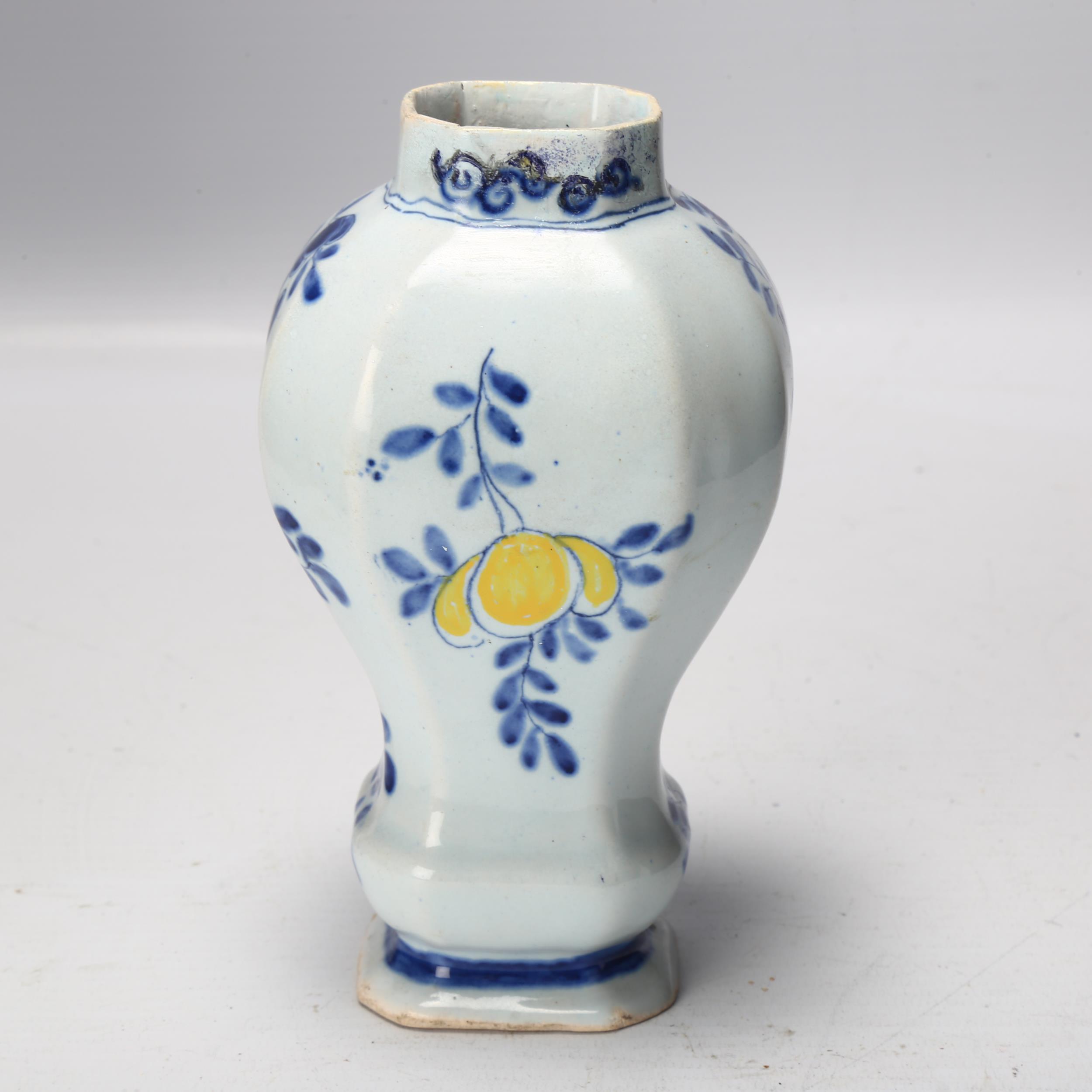 Delft polychrome pottery jar, decorated with a musician, height 14cm Rim has been professionally - Image 2 of 3