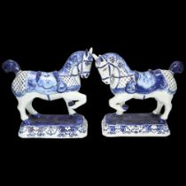 Pair of Delft blue and white pottery saddled horses, length 22cm, height 21cm 1 horse has a restored