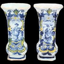 Pair of Delft polychrome pottery square-section flared vases, height 14cm Several small glaze rim