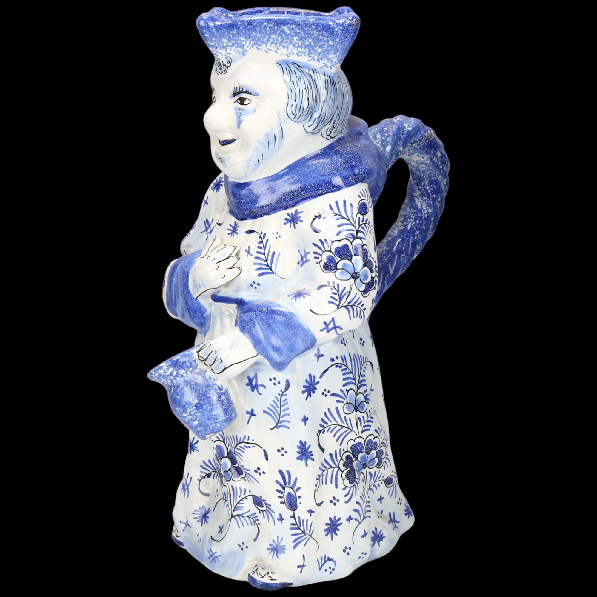 Delft blue and white pottery Toby jug, height 28.5cm 1 tiny glaze chip on the side of the hat,