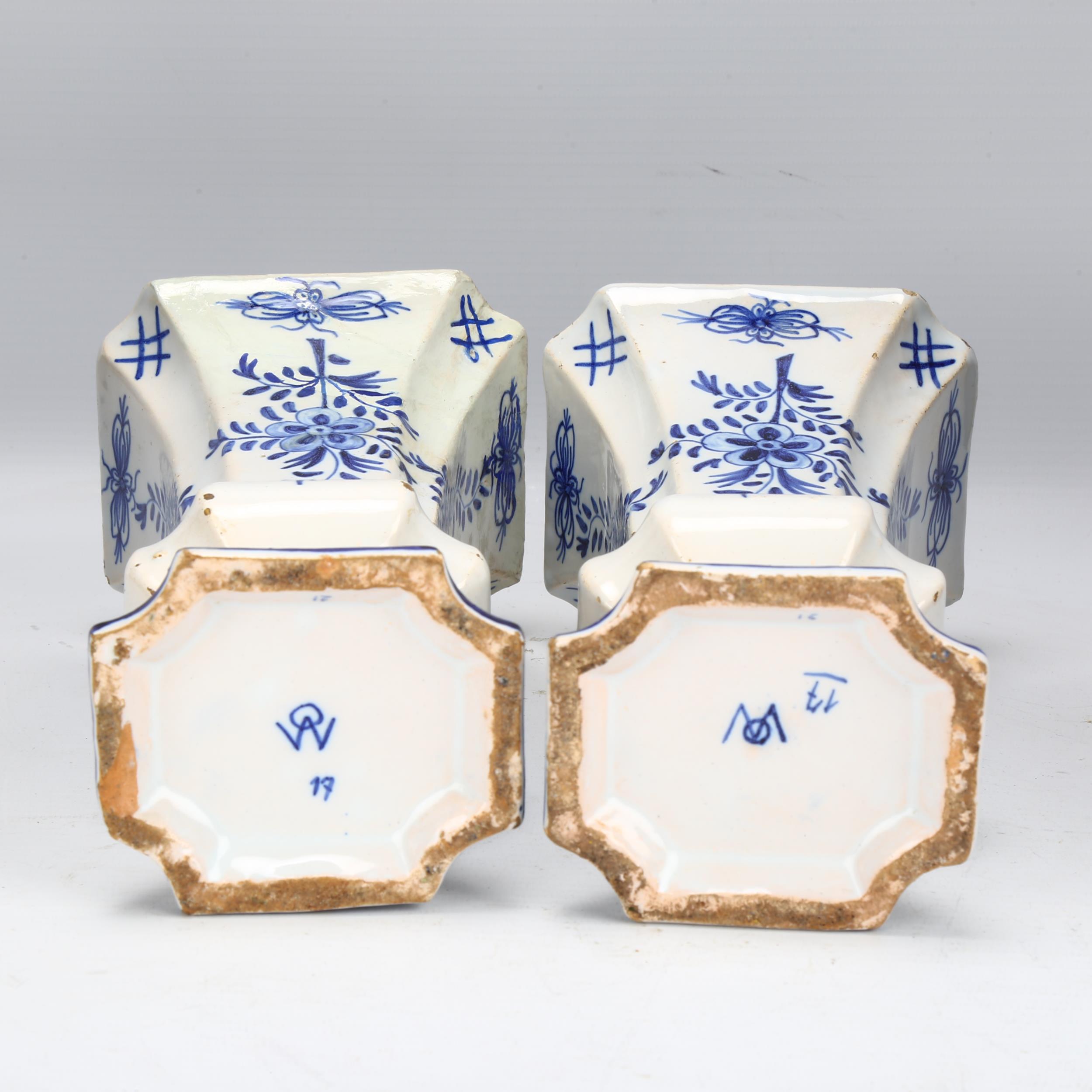 Pair of Delft blue and white pottery square-section flared vases, height 19cm 1 vase has restoration - Image 3 of 3