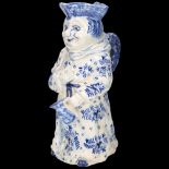 Delft blue and white pottery Toby jug, height 26cm Several very tiny glaze chips and glaze crazing