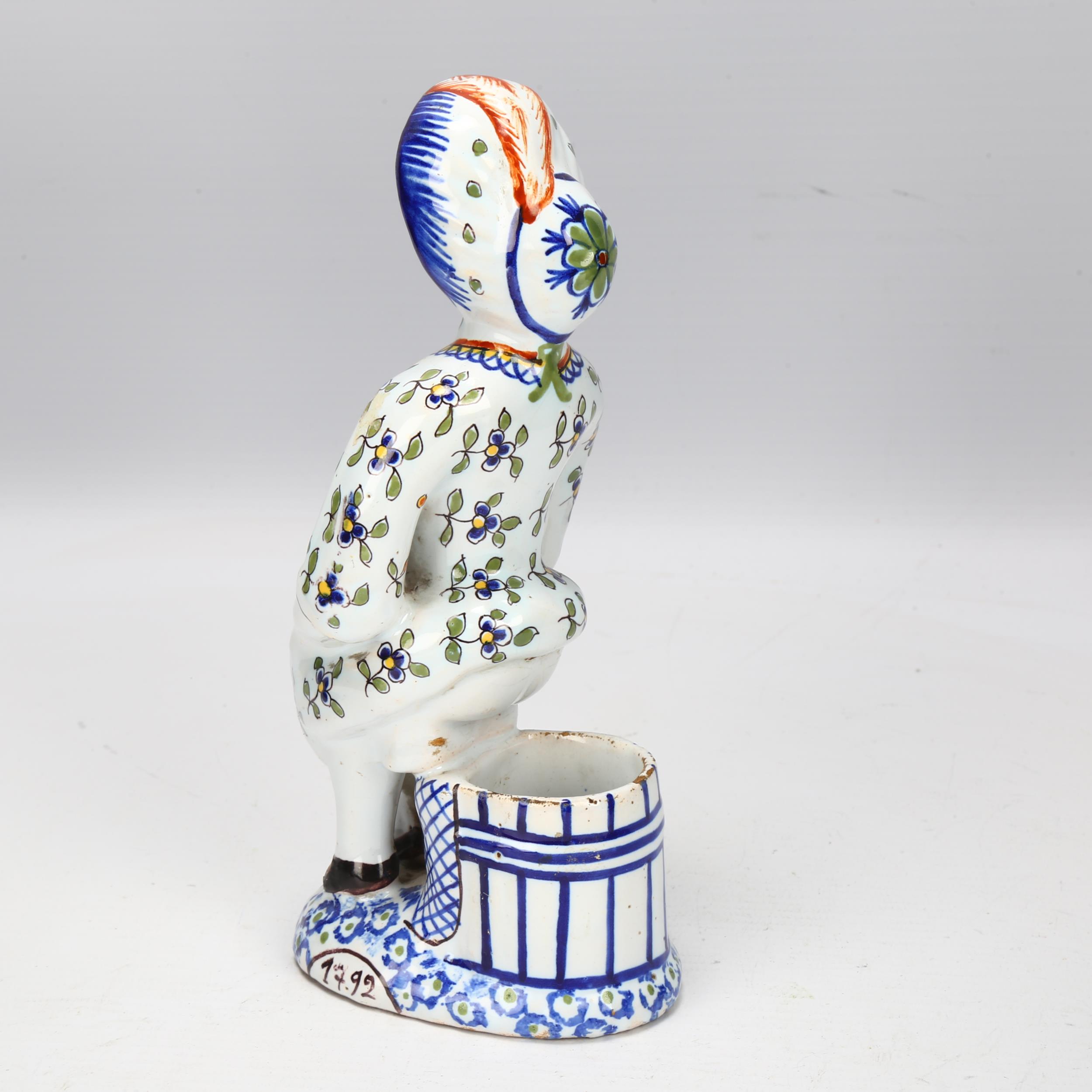 Delft polychrome pottery table salt figure, height 18cm Glaze chips around the edge of the bonnet - Image 2 of 3