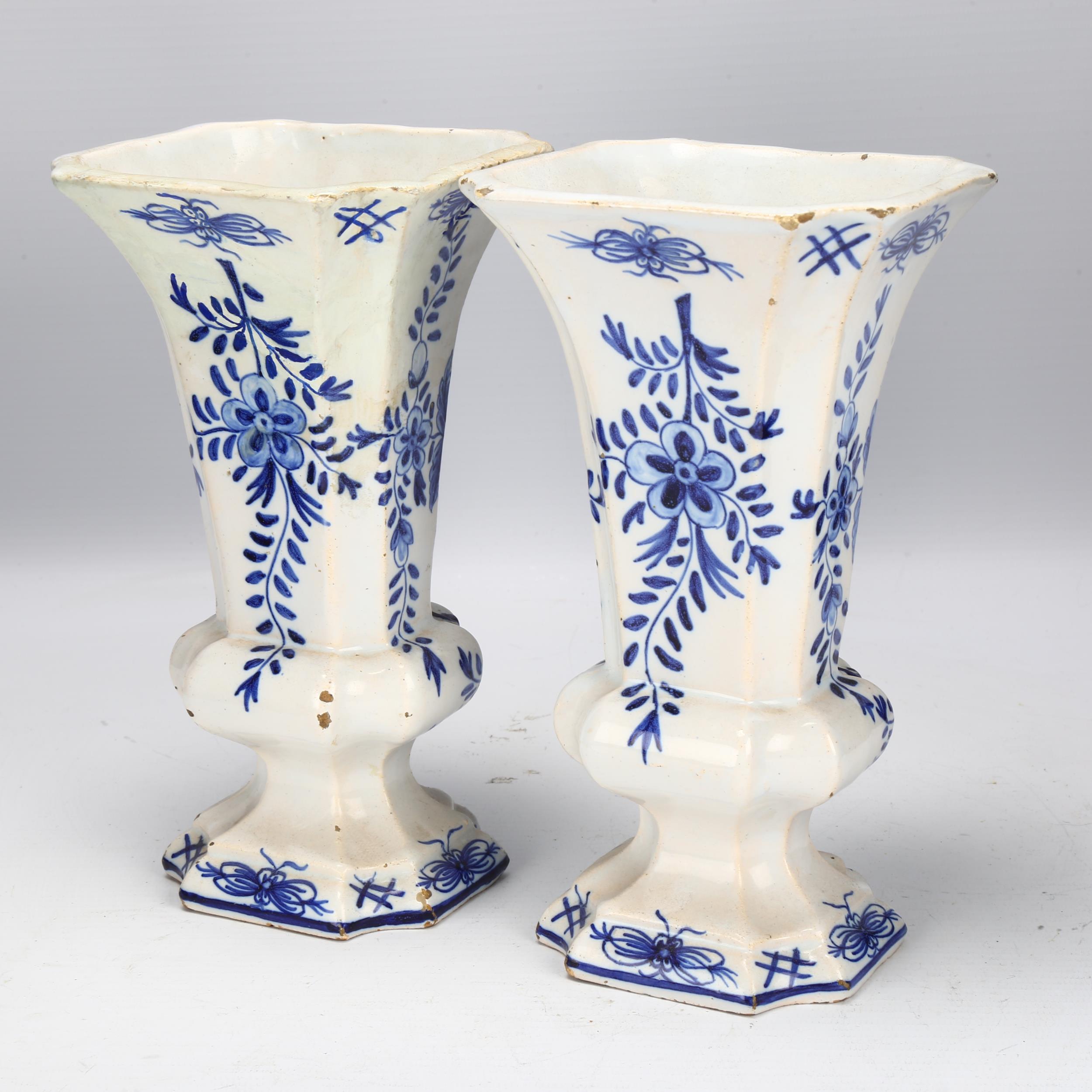 Pair of Delft blue and white pottery square-section flared vases, height 19cm 1 vase has restoration - Image 2 of 3
