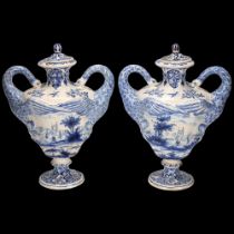 Pair of Dutch Delft blue and white pottery vases and covers, with swan handles, height 19cm Good