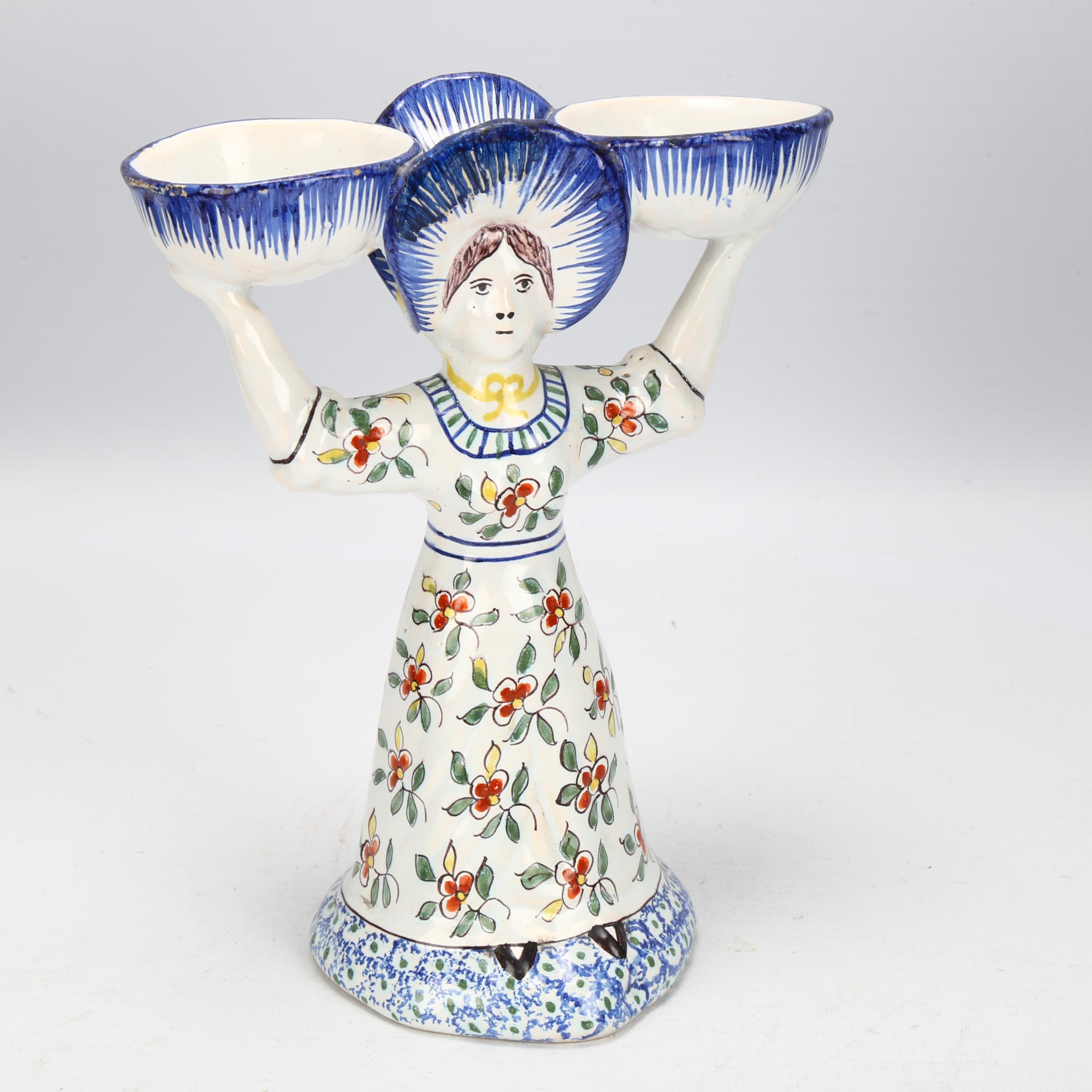 French faience polychrome pottery double-sided figural table salt, height 18cm Tiny glaze chips - Image 2 of 3