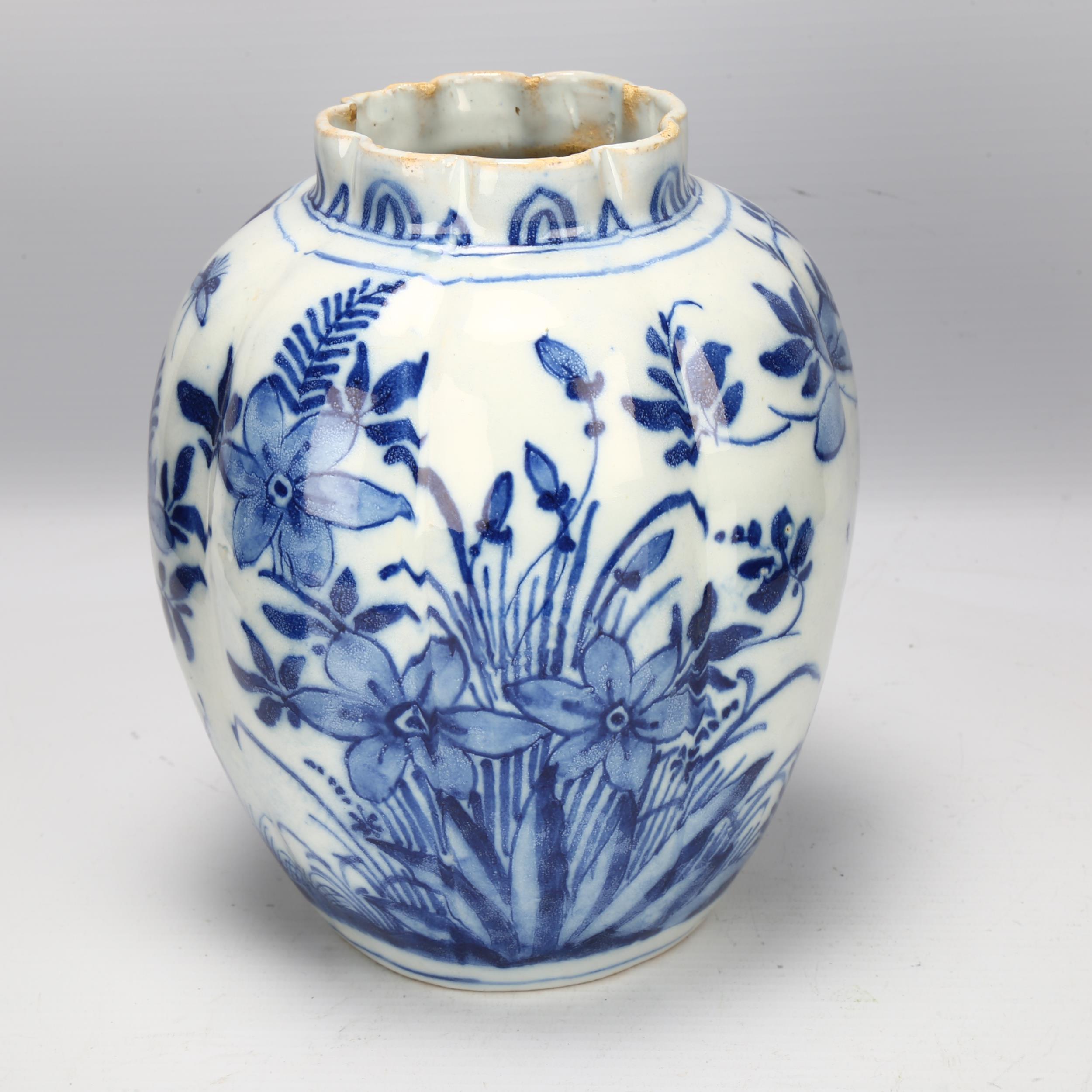 Delft blue and white pottery vase of lobed circular form, height 19cm Several very small glaze chips - Image 2 of 3