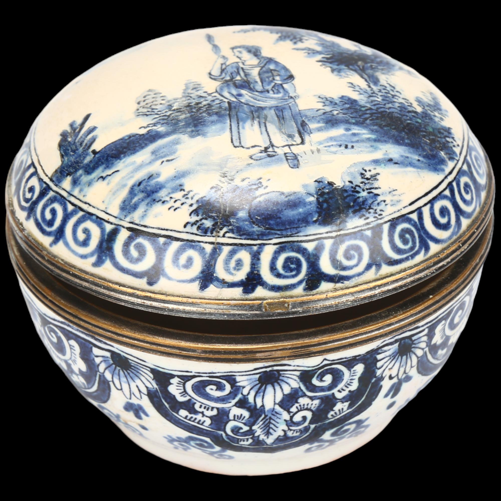 Delft blue and white pottery circular box, hinged metal rim, diameter 7cm, and Delft hexagonal