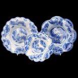 3 similar Delft blue and white pottery dishes of lobed circular form, diameter 21cm and 16cm Large