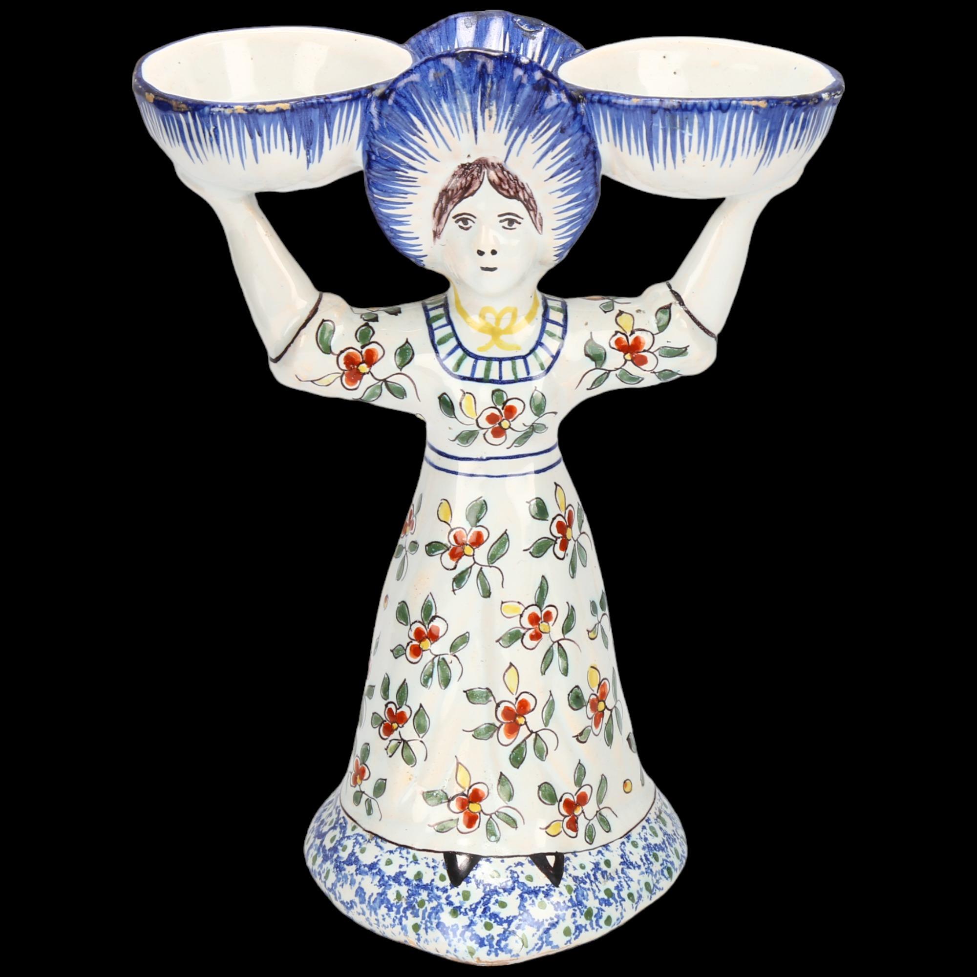 French faience polychrome pottery double-sided figural table salt, height 18cm Tiny glaze chips