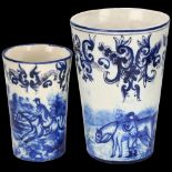 2 Delft blue and white pottery beakers, height 13cm and 10cm (2) Large beaker almost certainly