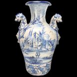 Large Italian blue and white pottery vase, with dragon and mask handles, 52cm Good condition