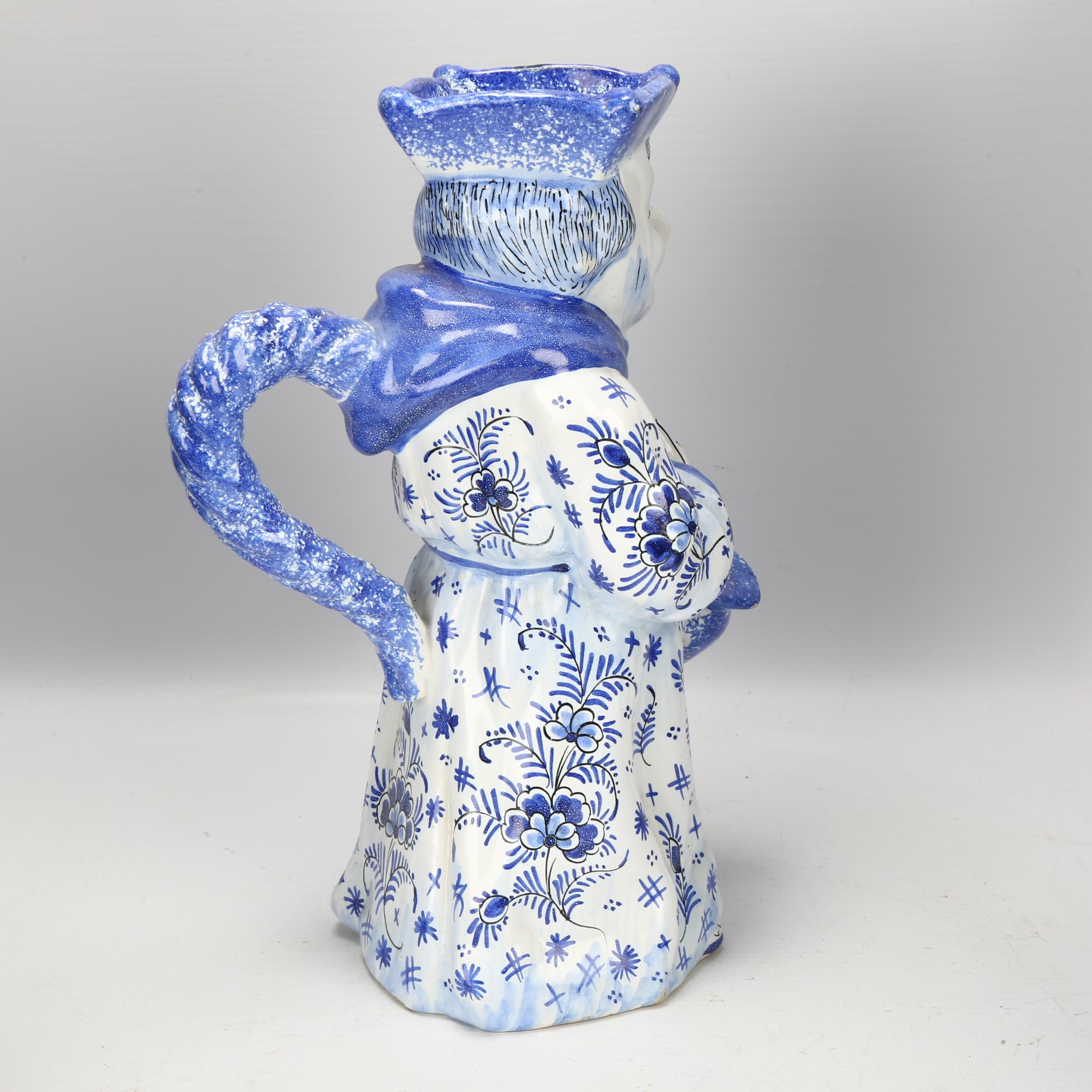 Delft blue and white pottery Toby jug, height 28.5cm 1 tiny glaze chip on the side of the hat, - Image 2 of 3