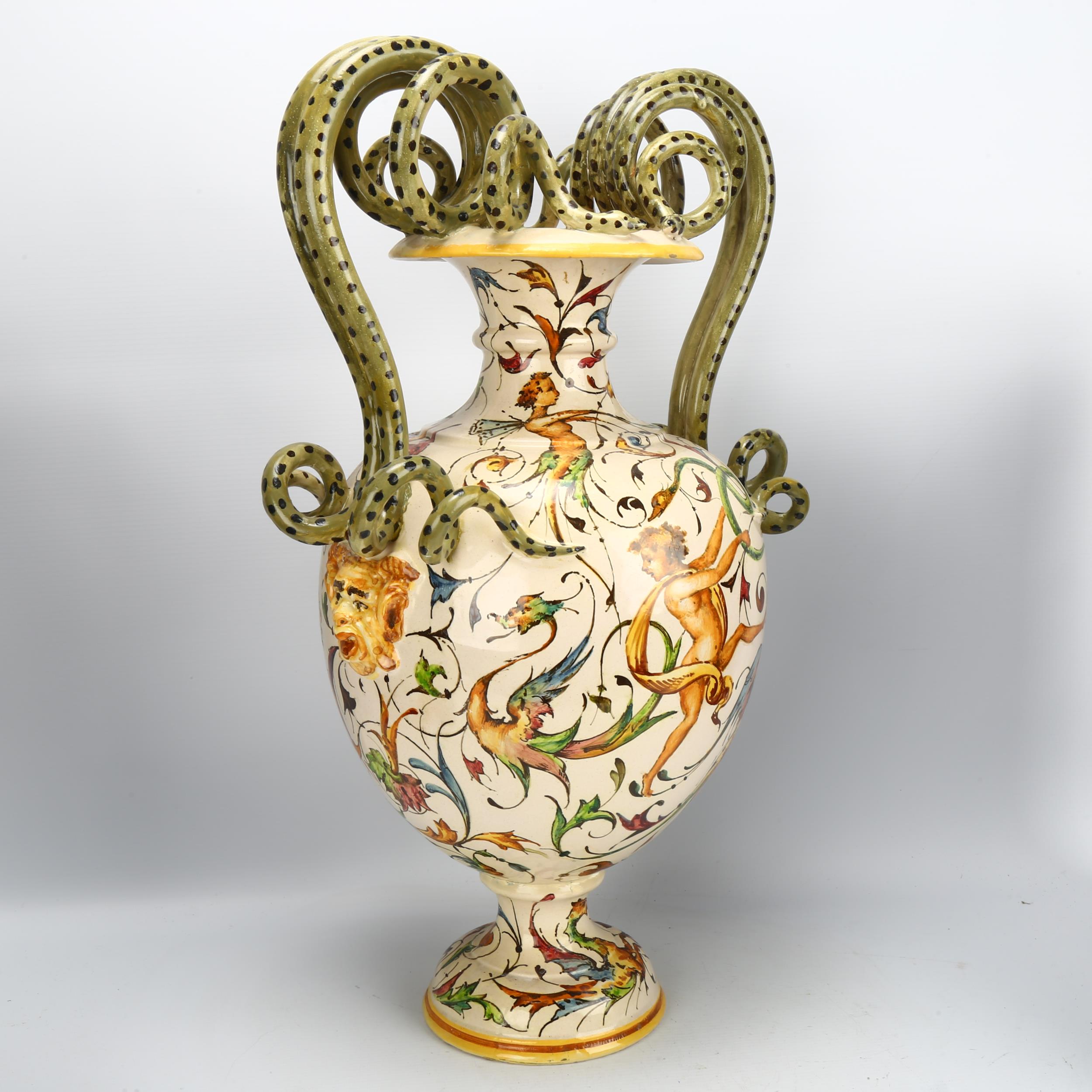 Large Italian faience pottery vase, with snake handles and painted Classical figures, height 54cm - Image 2 of 3