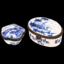 Delft blue and white pottery miniature oval box, hinged metal rim, 6.5cm across Several small