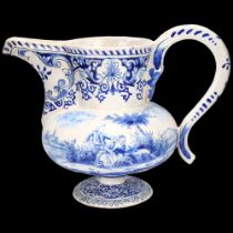 French faience blue and white pottery jug, with romantic scene, height 19cm Spout tip professionally