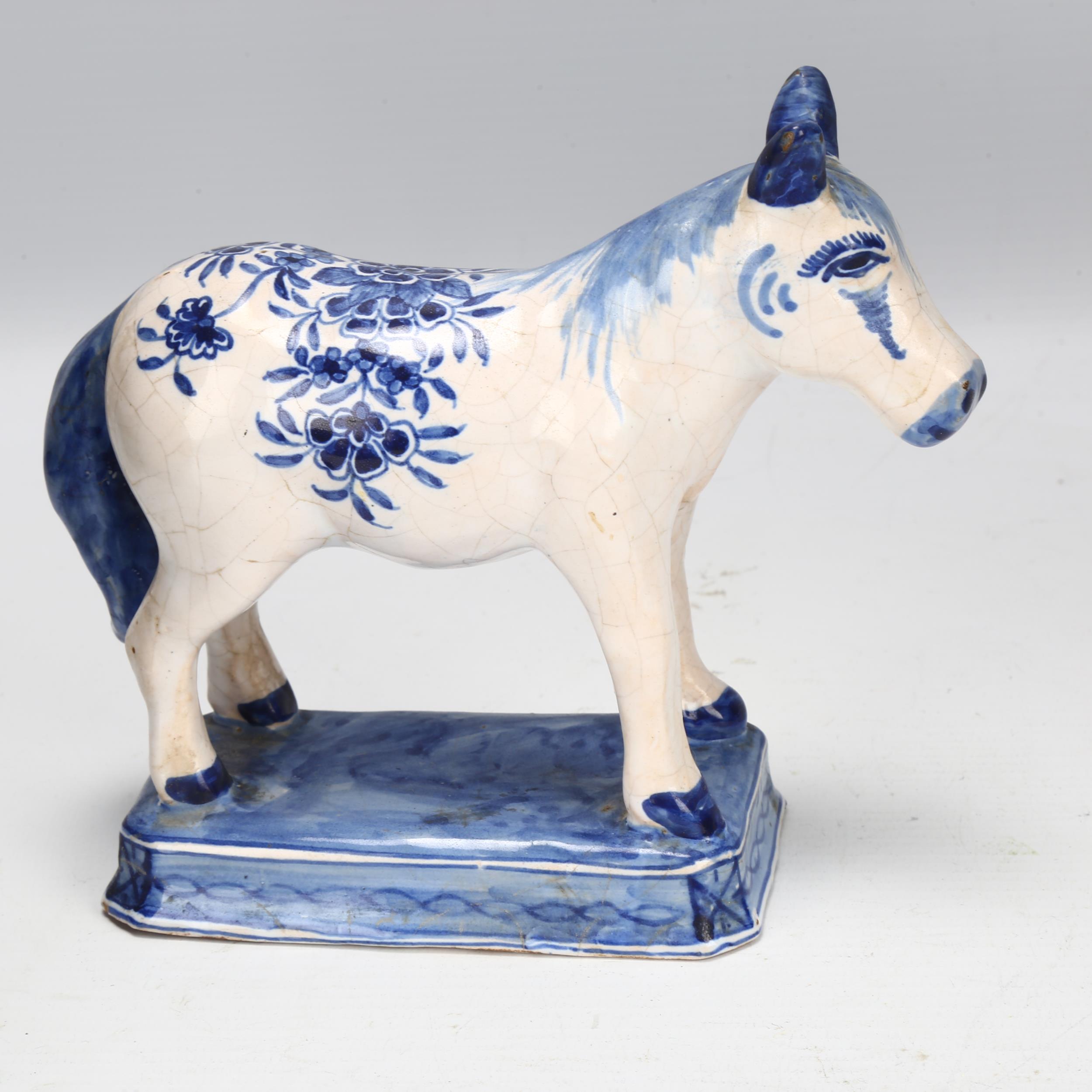 Delft blue and white pottery horse, length 17cm, height 15cm Light glaze crazing - Image 2 of 3