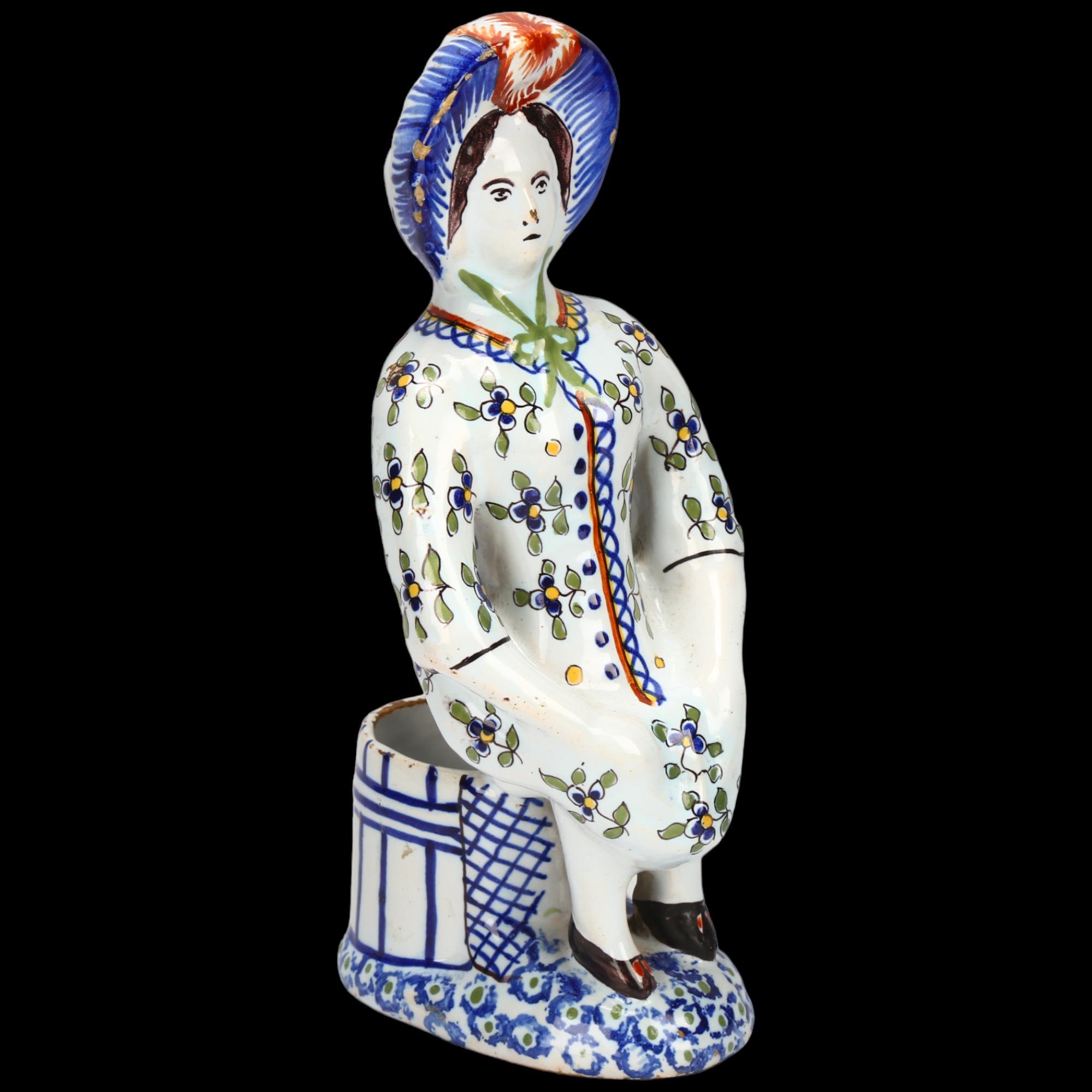 Delft polychrome pottery table salt figure, height 18cm Glaze chips around the edge of the bonnet