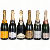 6 bottles Champagne. Veuve Clicquot Ponsardin, Brut NV. Duval LeRoy, 1er Cru NV. Castelnau,