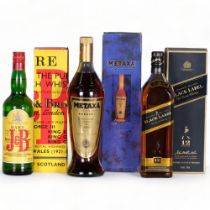 Johnnie Walker Black Label 12 Years Old blended whisky 1L 43%, J&B blended Scotch Whisky 70cl 40%,