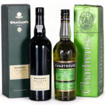 A bottle of Green Chartreuse 70cl 55%, and a Grahams Crusted Port bottled 2010 750ml, both boxed